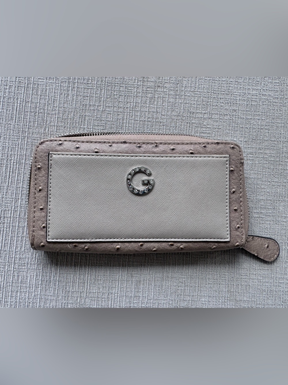 Guess Beige Ostrich Embossed Zip Around Wallet Rhinestone Logo